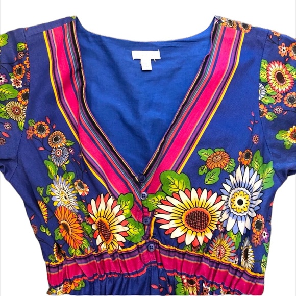 Maurices Super Cute BOHO Dress BLUE w/Bright Orange Yellow Pink Flowers SZ XS - Picture 2 of 5